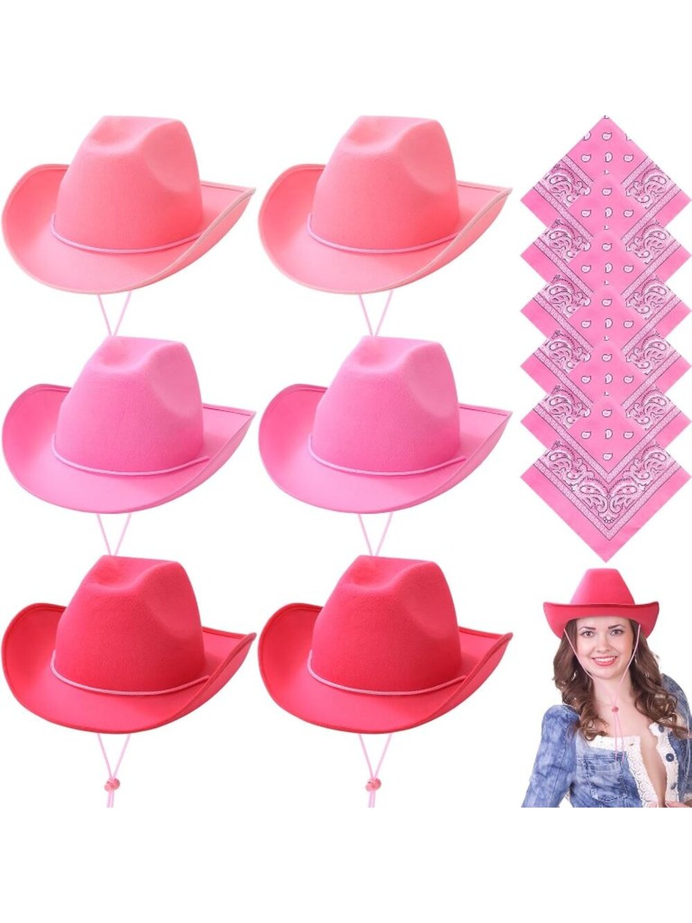 Men's Mixed Pink Bandanas Bulk Adjustable Felt Western Cowboy Cowgirl Hat 12 Pcs